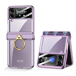 Furwabo for Samsung Galaxy Z Flip 4 Clear Case with Magnetic Hinge Protection and Ring Holder & Camera Screen Protector, Transparent Electroplating Shockproof Cover for Samsung Z Flip 4 (Purple)