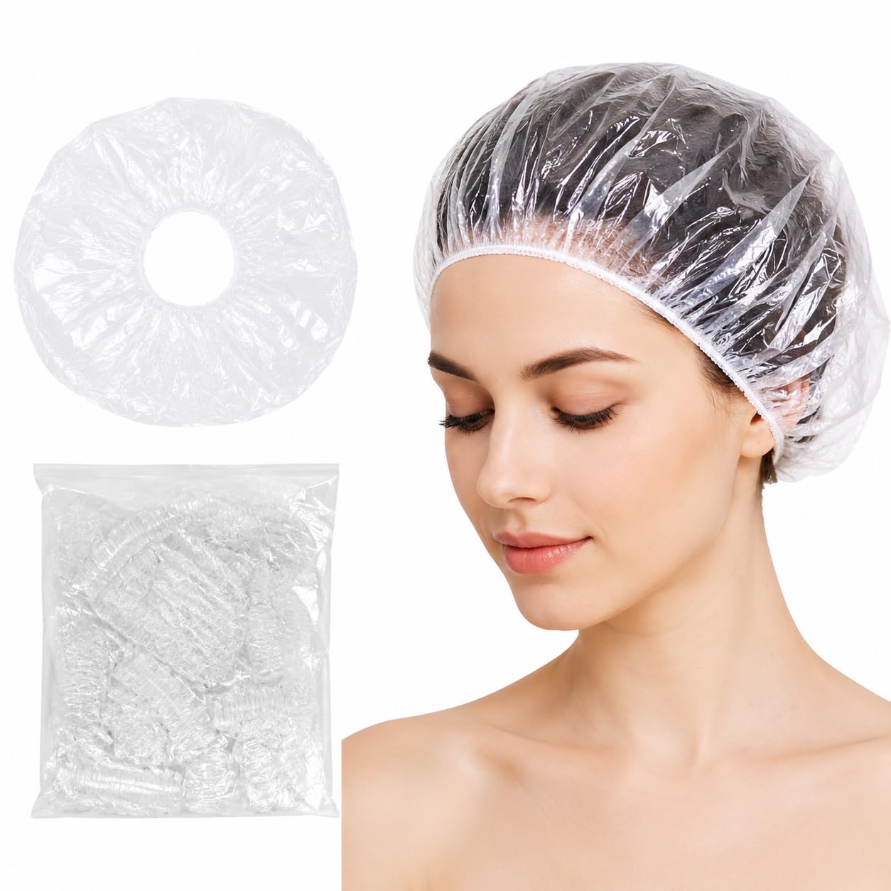 100Pcs Shower Caps Disposable, 42CM Waterproof Bath Cap, Clear Plastic Elastic Thick Hair Cap for Women Men Hair Treatment, Long Hair, Home, Hotel, Spa, Travel and Hair Salon Use