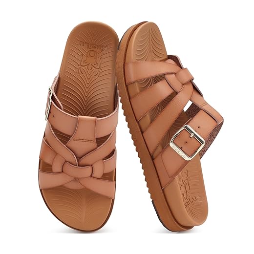 KuaiLu Gladiator Sandals for Women with Comfortable Arch Support Summer Beach Vacation Walking Travel Fisherman Slides Boho Outfits Flats Slip on Cushion Shoes Indoor Outdoor