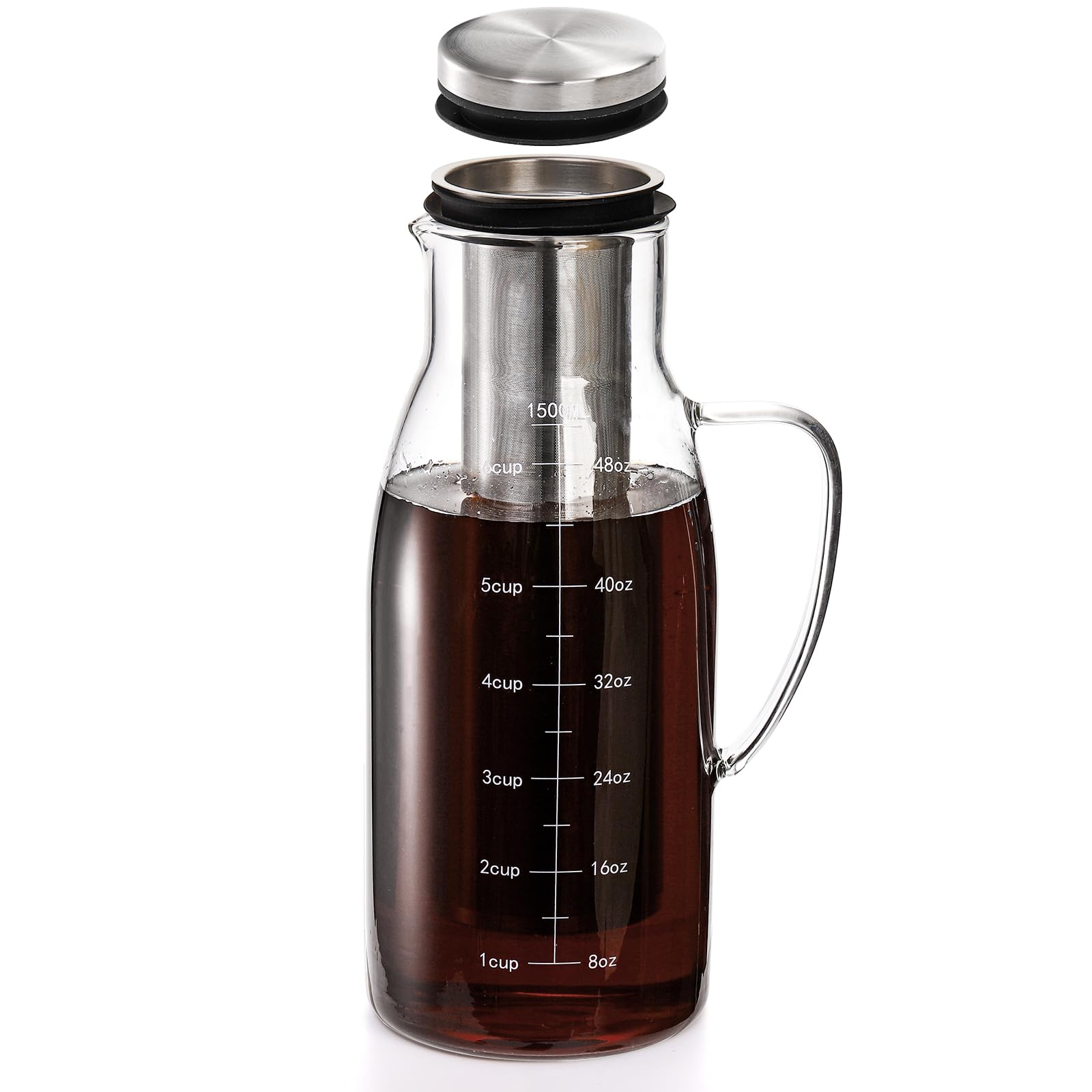 Tebery Jarra de café helado Cold Brew con filtro de acero inoxidable extraíble y tapa, jarra de vidrio de 1,5 L/1,445.8 g con boquilla para café, té helado, bebidas de frutas, limonada