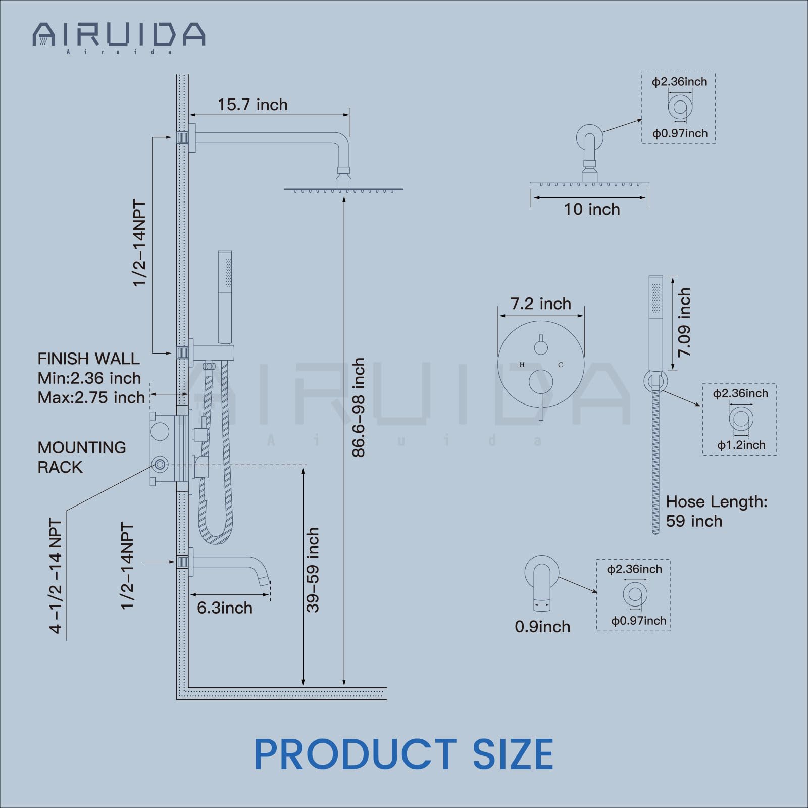 Airuida Zestaw systemu prysznicowego, matowa czarna 25 cm, głowica prysznicowa z 2 funkcjami, ręczny uchwyt ścienny, 3-funkcyjny wylewka wanna, prysznic, zestaw kompletny osprzętu