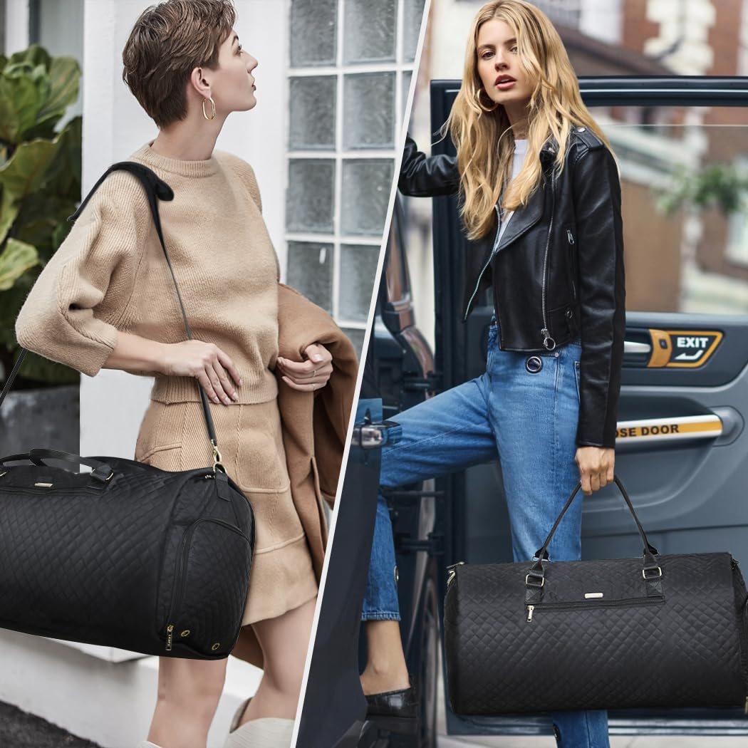 Lekeinchi Sac à Vêtements 2 en 1 pour Femme avec 6 Cubes de Rangement et Compartiment à Chaussures - Sac de Sport pour Avion - Grand Sac de Voyage Pliable pour Week-End, Voyage, Gym - Noir