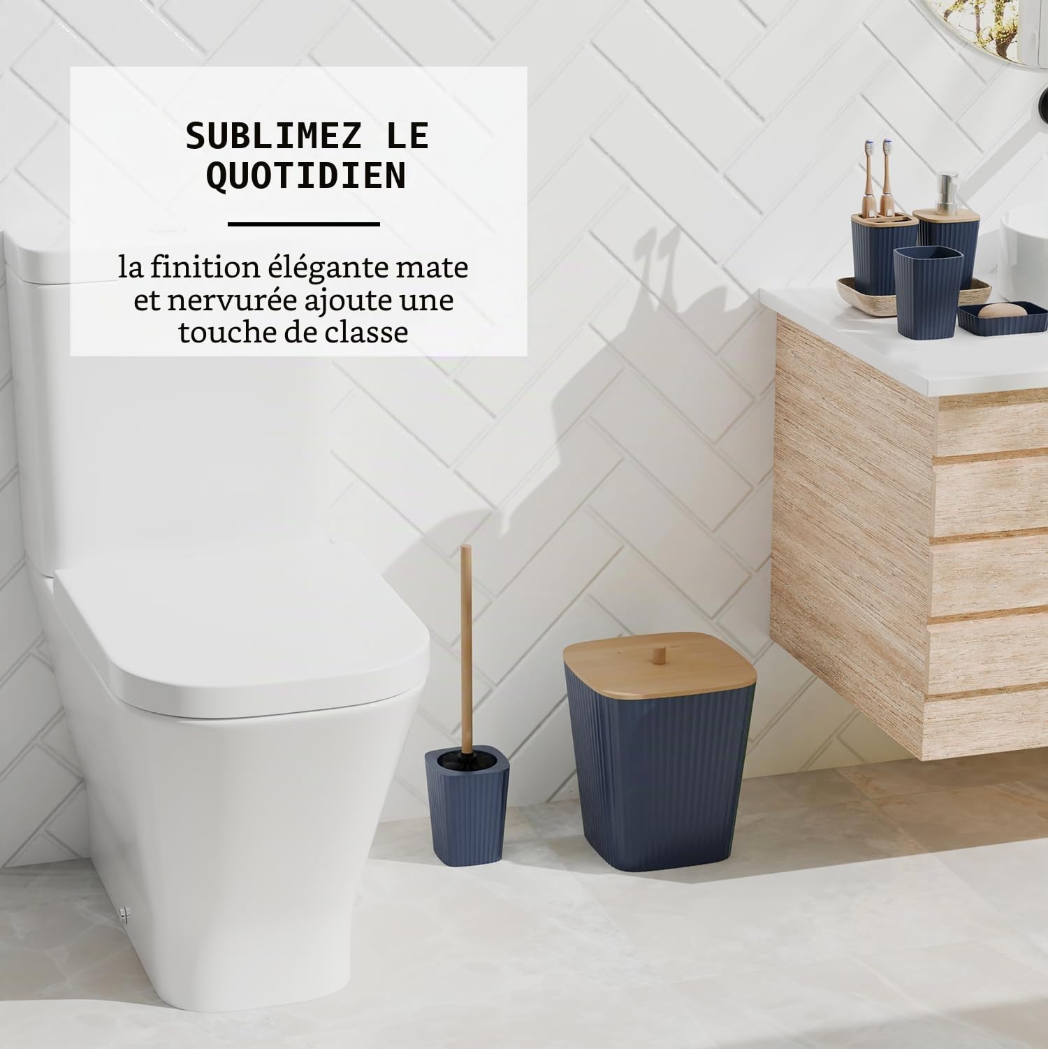 Clara Clark Ensemble d'accessoires de Salle de Bain 6 pièces avec Brosse WC, Poubelle et Distributeur de Savon Bleu Marine