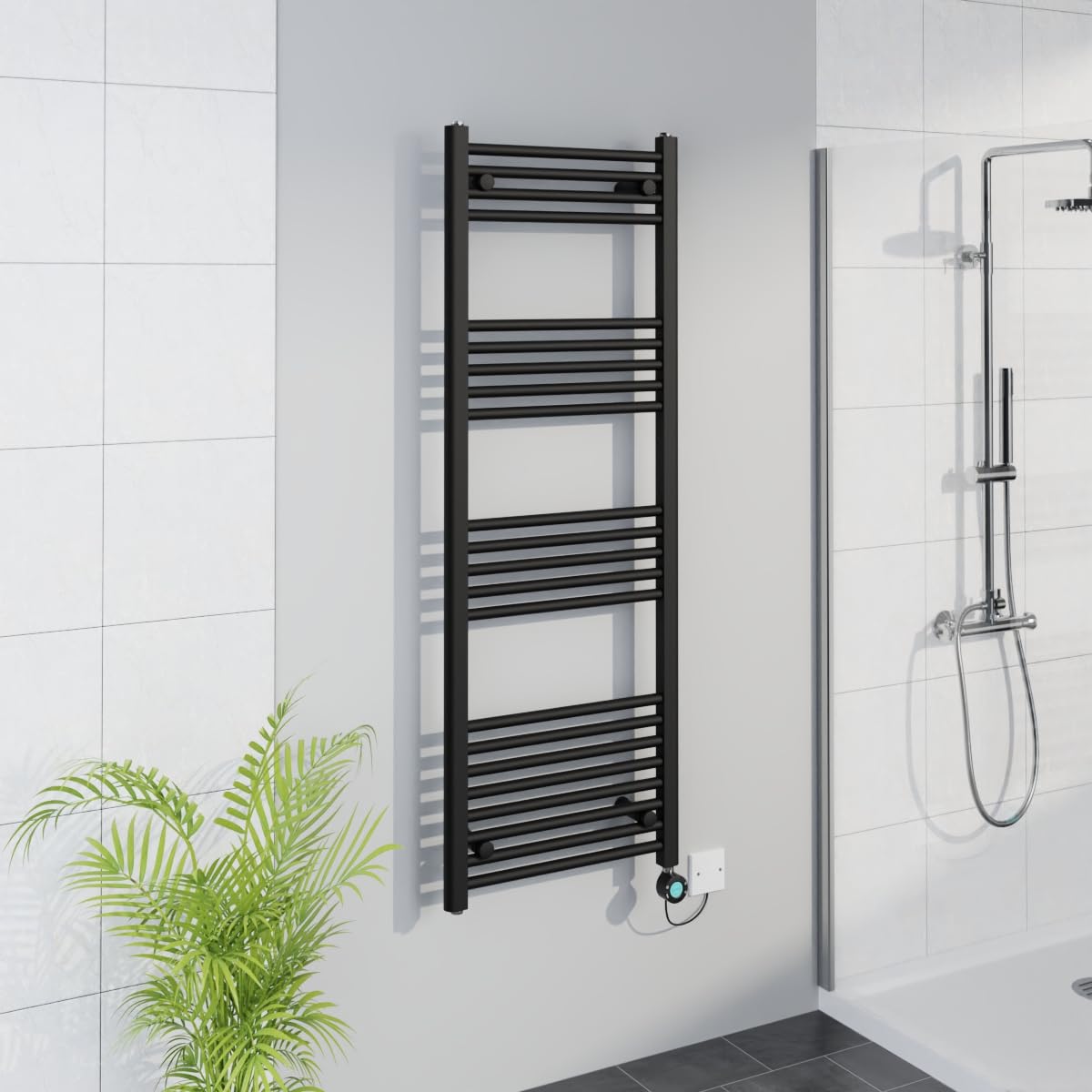 Warmehaus Smart WiFi Thermostatic Electric Bathroom Straight Heated Towel Rail Warmer Radiator with Timer 1400x500mm - Black