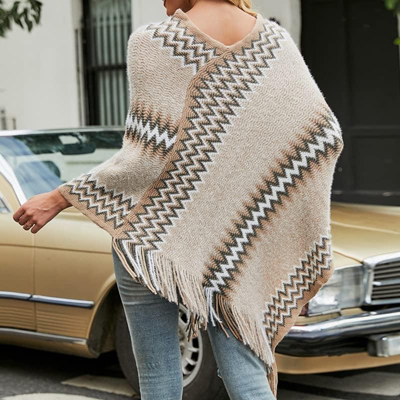 Women's Soft Knitted Zig Zag Patterned Tassel Batwing Poncho Sweater Pullover Wraps Cape - Image 5