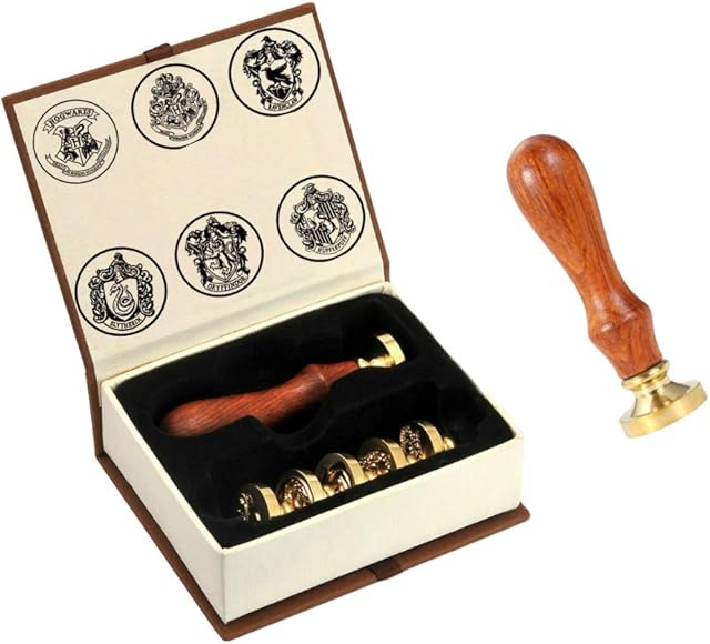 Wax Seal Stamp Set, ANBOSE Hogwarts Magic School Wax Seal Stamp Kit Including 6 Pieces Sealing Wax Stamps Copper Seals + 1 Wooden Hilt, Sealing Wax Stamp Kit with Gift Box