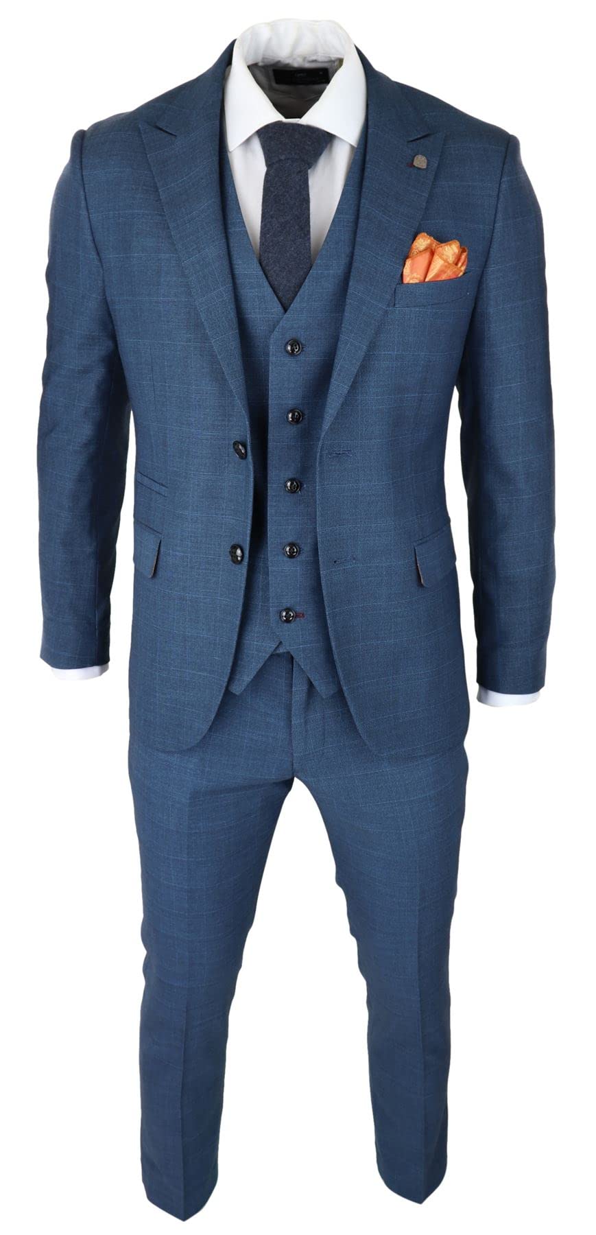 Truclothing Men's Blue 3 Piece Prince Of Wales Check Suit Classic Light Tailored Fit Modern - 44