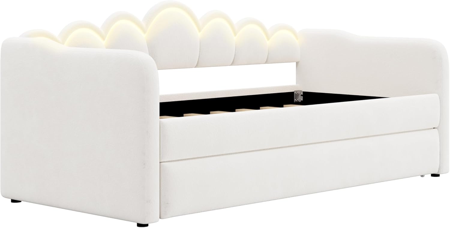 Merax Twin XL Daybed with Trundle and LED Lights, Upholstered Daybed Frame with Convertible Trundle (Flips to Low Profile), Space-Saving Bed for Guest Room/Dorm/Small Spaces, White