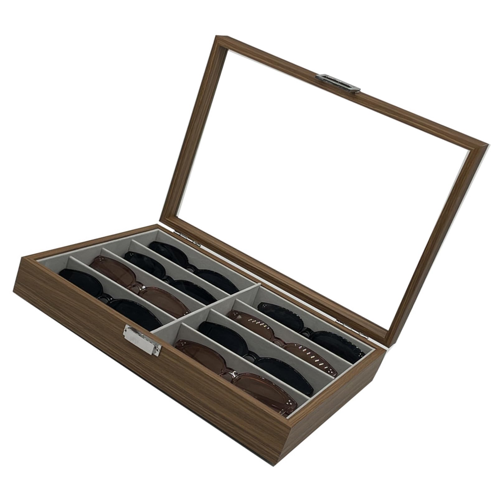 Robuste Sonnenbrillen Vitrine aus Holz mit transparentem
