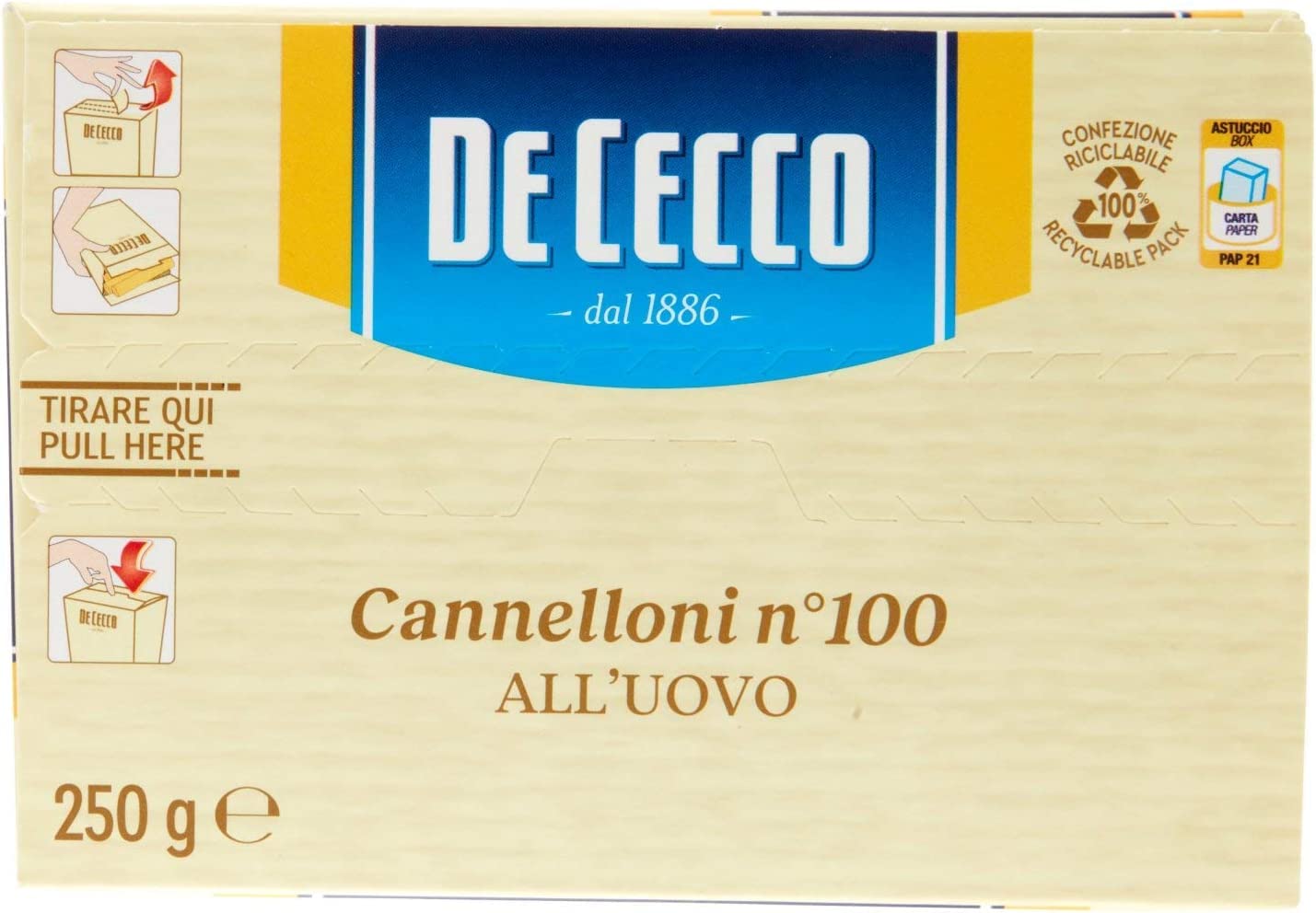 20 x De Cecco Pasta Canelones n. 100 Uovo Pasta de huevo 250 g