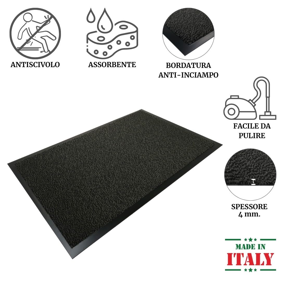 Casatessile - Paillasson Anti-Salissures, Tapis Absorbant, Usage Intérieur et Extérieur, Antidérapant Vinyle et Résistant, Lavable Nevada Paillasson Tapis Essuie-Pieds - Grigio Antracite, 90x150 cm.