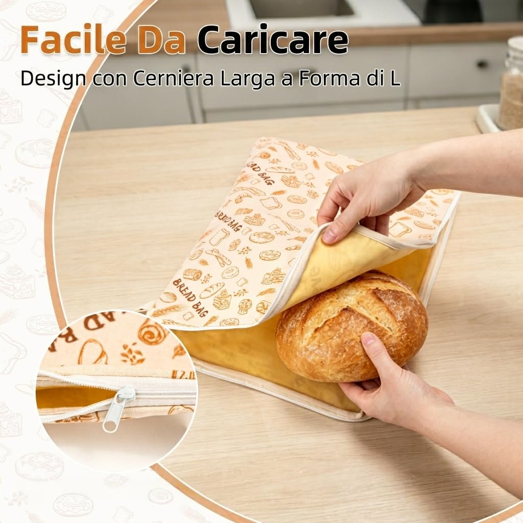 AHJ Confezione da 2 Sacchetti per Pane in Cera d'Api 43x33cm, Borsa Porta Pane Riutilizzabile in Cotone e Lino con Cerniera a L per Sourdough Fatto in Casa, Baguette e Pane Artigianale Lavabile