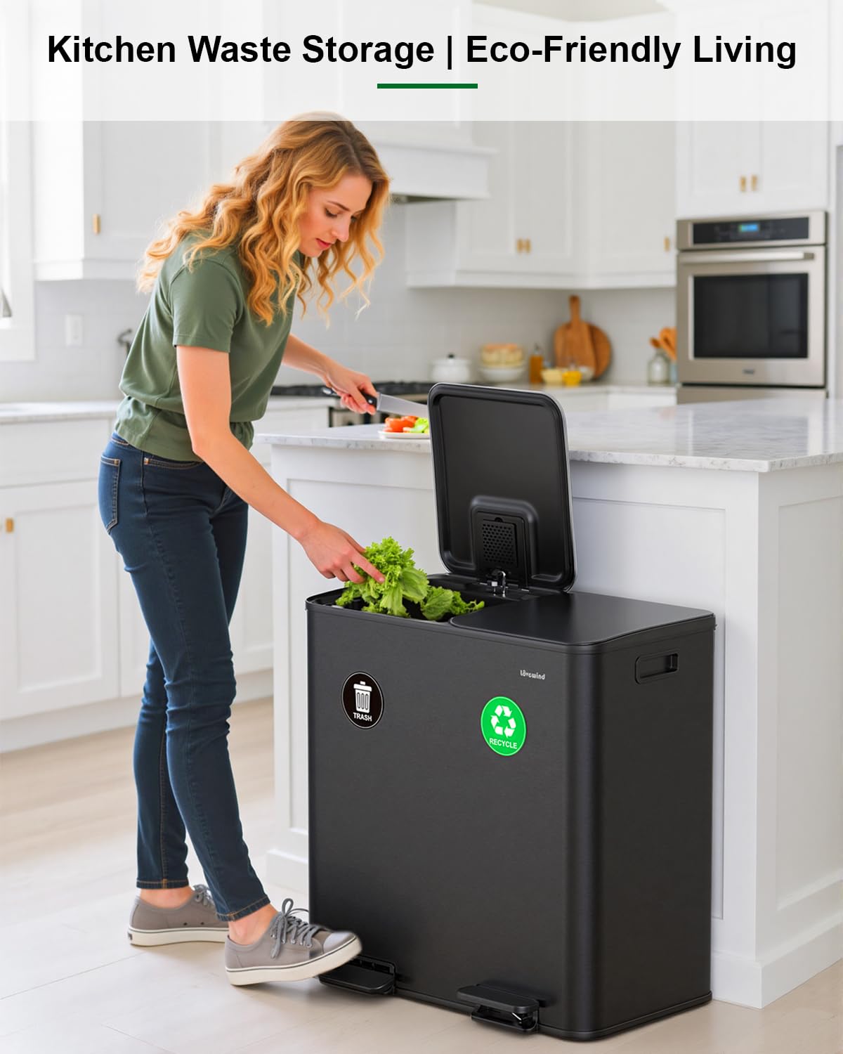 Lovewind 2×11.5 Gallon Dual Trash Can, Stainless Steel Dual Garbage and Recycling Can with Foot Pedal, 90° Stay-Open Lid, Pet-Proof Design – Large Dual Compartment Trash Recycling Bins Kitchen, Black
