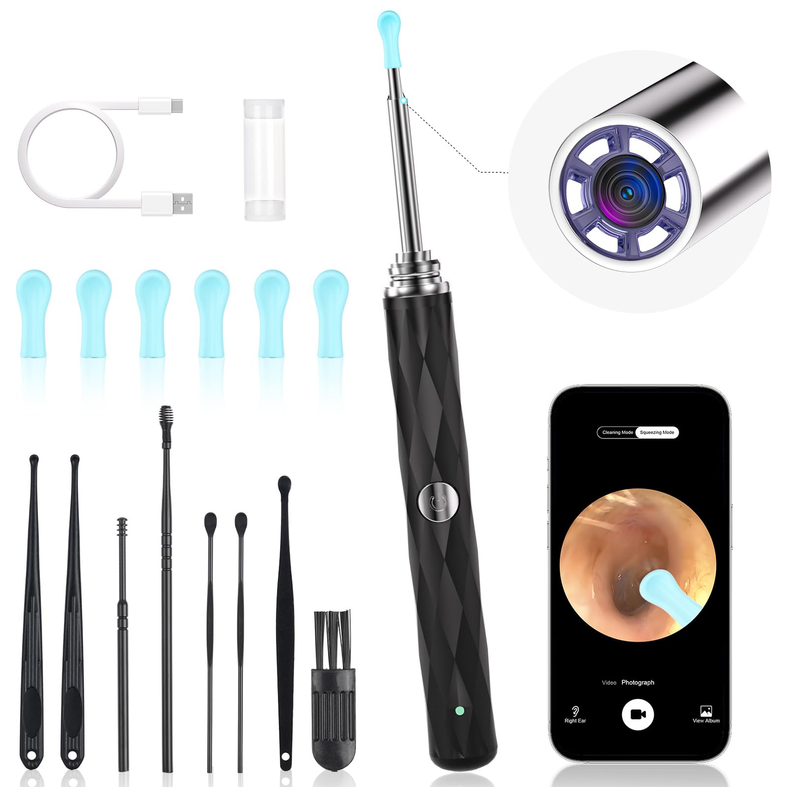 high-definition ear wax removal wireless ear cleaner safe and gentle ear wax removal kit rechargeable ear cleaner with camera and light ear cleaning kit for android and ios black