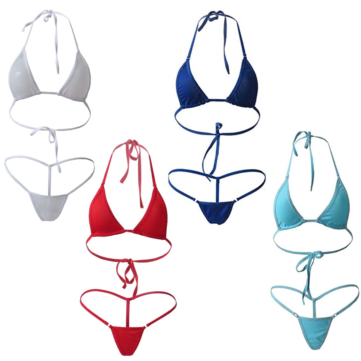 Anzhee1-4 Pack Sexy Bikini Sets for Women UK 2 Piece Brazilian Swimsuits Halterneck Lingerie Thong Triangle Backless Low Waist Bikini Bra Top Tie Thong Cute Bathing Suit Swimwear