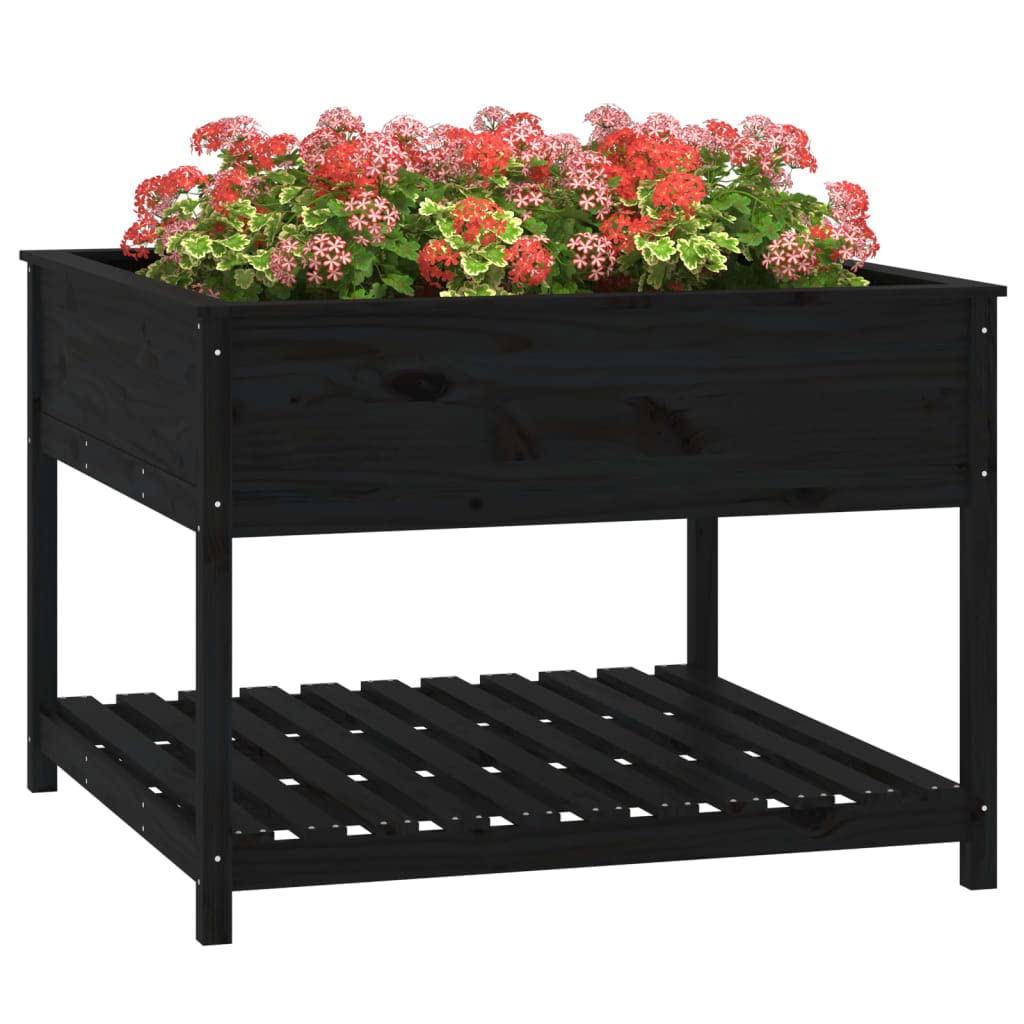 Macetero con estante de madera de pino maciza, color negro, 111,5 x 111,5 x 81 cm, para terraza, balcón, jardín, bancal, jardinera, con práctica superficie de almacenamiento para verduras