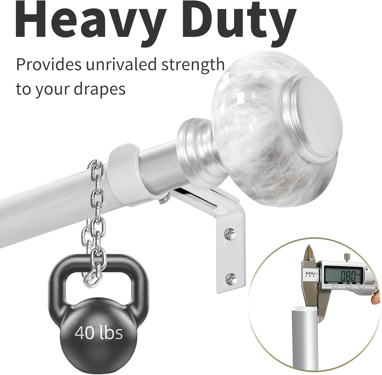 Sliver Curtain Rod for Windows 48 to 84 Inches(4-7ft): 1 inch Diameter Heavy-Duty Adjustable Curtain Rod with Marble Grain Finials For Bedroom & Livingroom