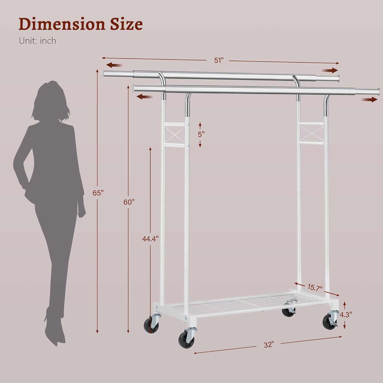FAVOOSTY Clothes Rack for Hanging Clothes Double Rods, Rolling & Extending Clothing Rack with Wheels, Garment Coat Rack Freestanding, Portable Closet Organizers and Storage, White