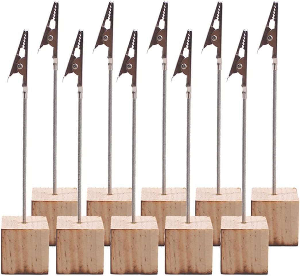 Photo 1 of 10 PCS Place Card Holders with Clips and Wood Stand, Photo Clips Stand for Table, Rustic Wood Table Number Holder with Memo Clips for Wedding Party Name Sign(with 10 PCS Kraft Cards)