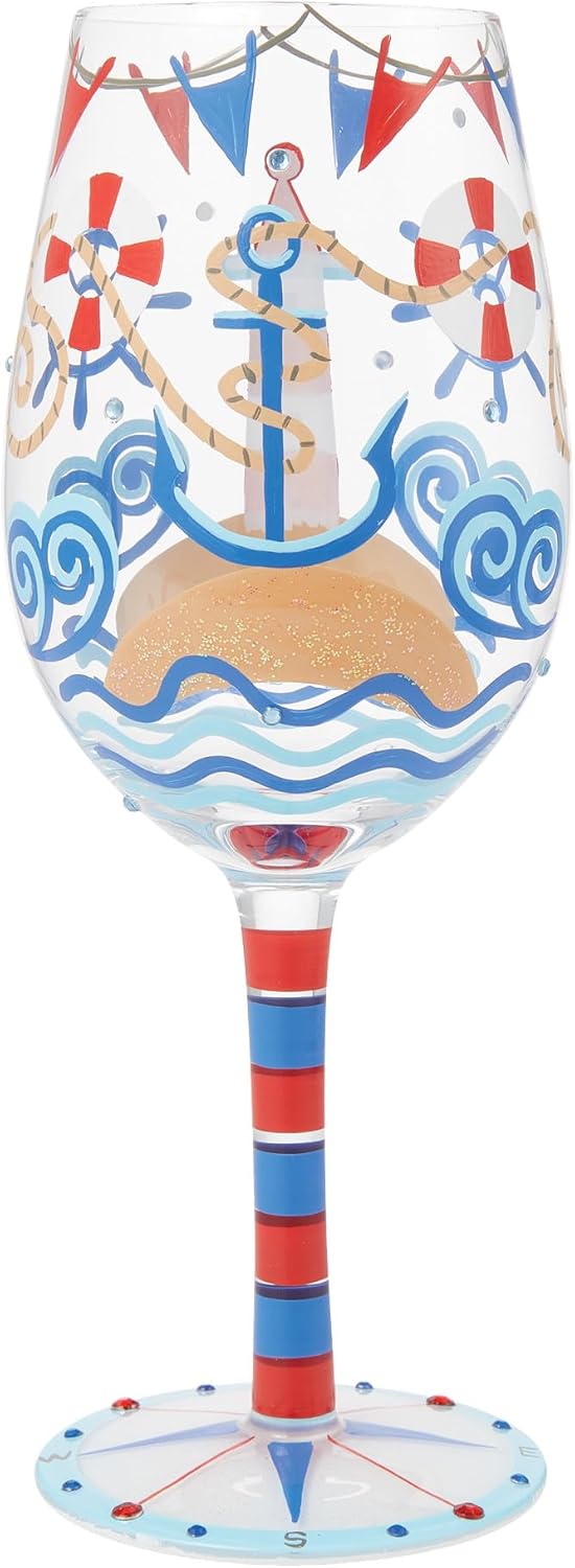 Enesco Lolita Designs Nautical Light House Hand-Painted Artisan Wine Glass, 15 Ounce, Multicolor