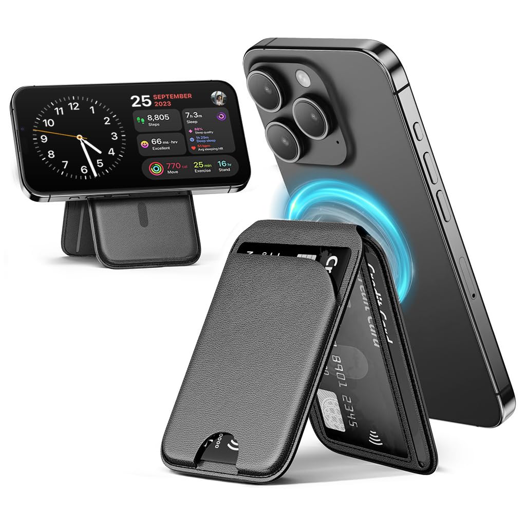 ZORBES Magsafe Wallet, Strong Magnetic Card Holder Leather Wallet, with Adjustable Wallet Stand, Slim Bi-fold Card Holder for iPhone 15/14/13/12 Series, Not for iPhone 13/12 Mini (Black)