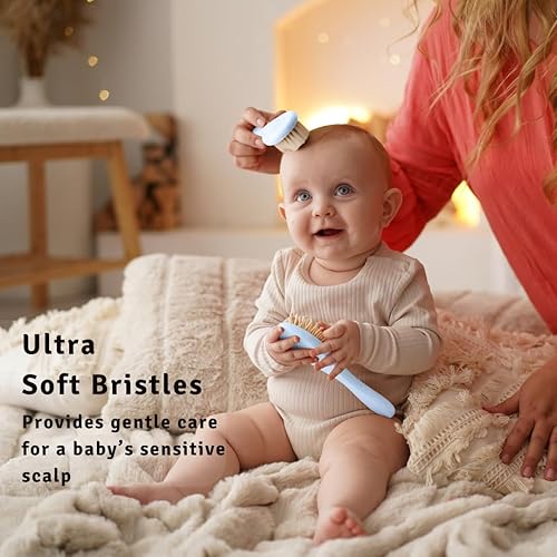 Miniatura 3 de Juego de cepillos de pelo de bebé para recién nacidos, cepillo y peine para bebé, cerdas de pelo de cabra ultra suaves, perfecto para gorro de cuna,