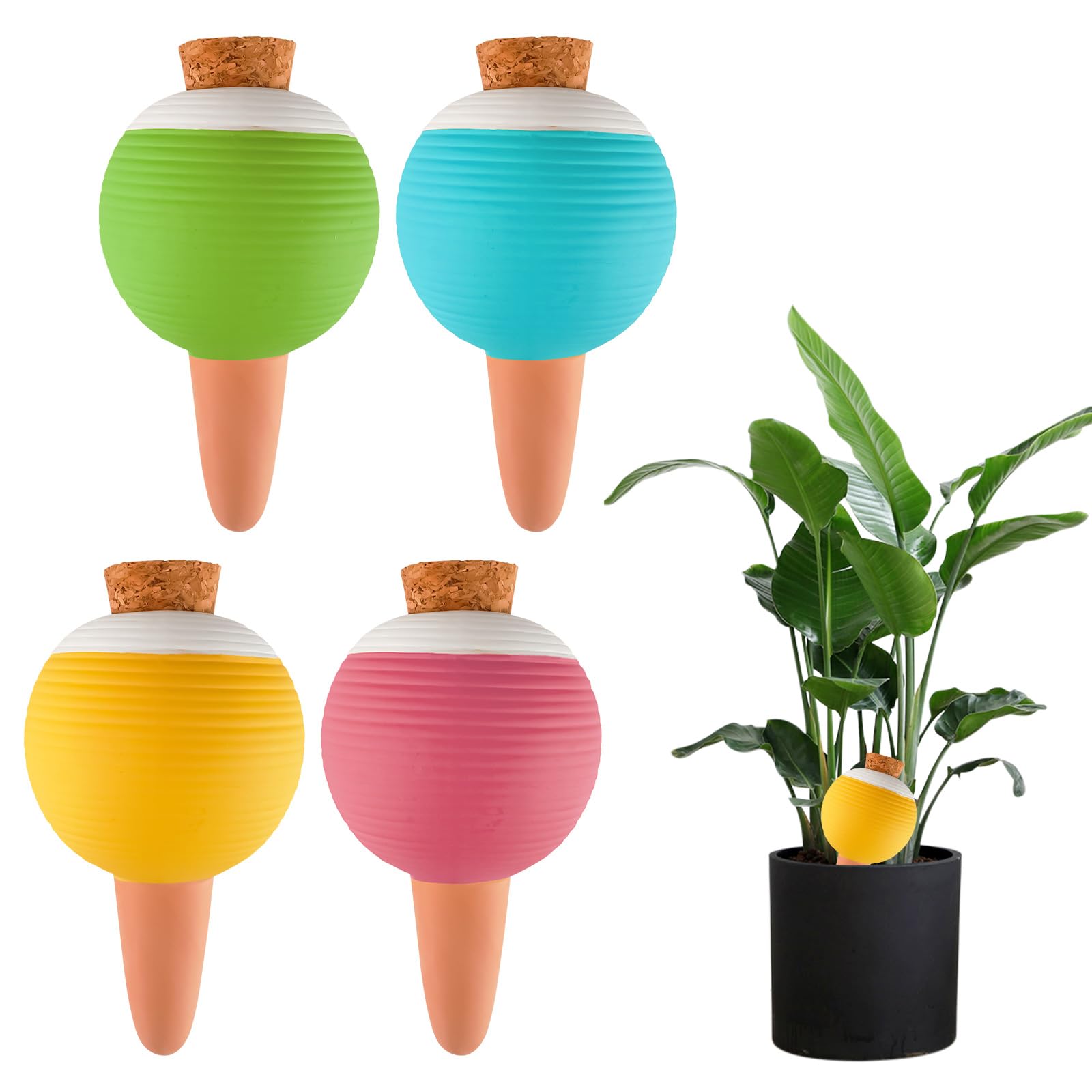 Distributeur Eau Plante 4 pcs Globe D'Arrosage Pour Plantes avec 4 Bouchons, Boules D'Irrigation pour Plantes Pointes Auto-Arrosantes en Terre Cuite, Maintient L'Humidité Du Sol Pendant 3 à 7 Jours