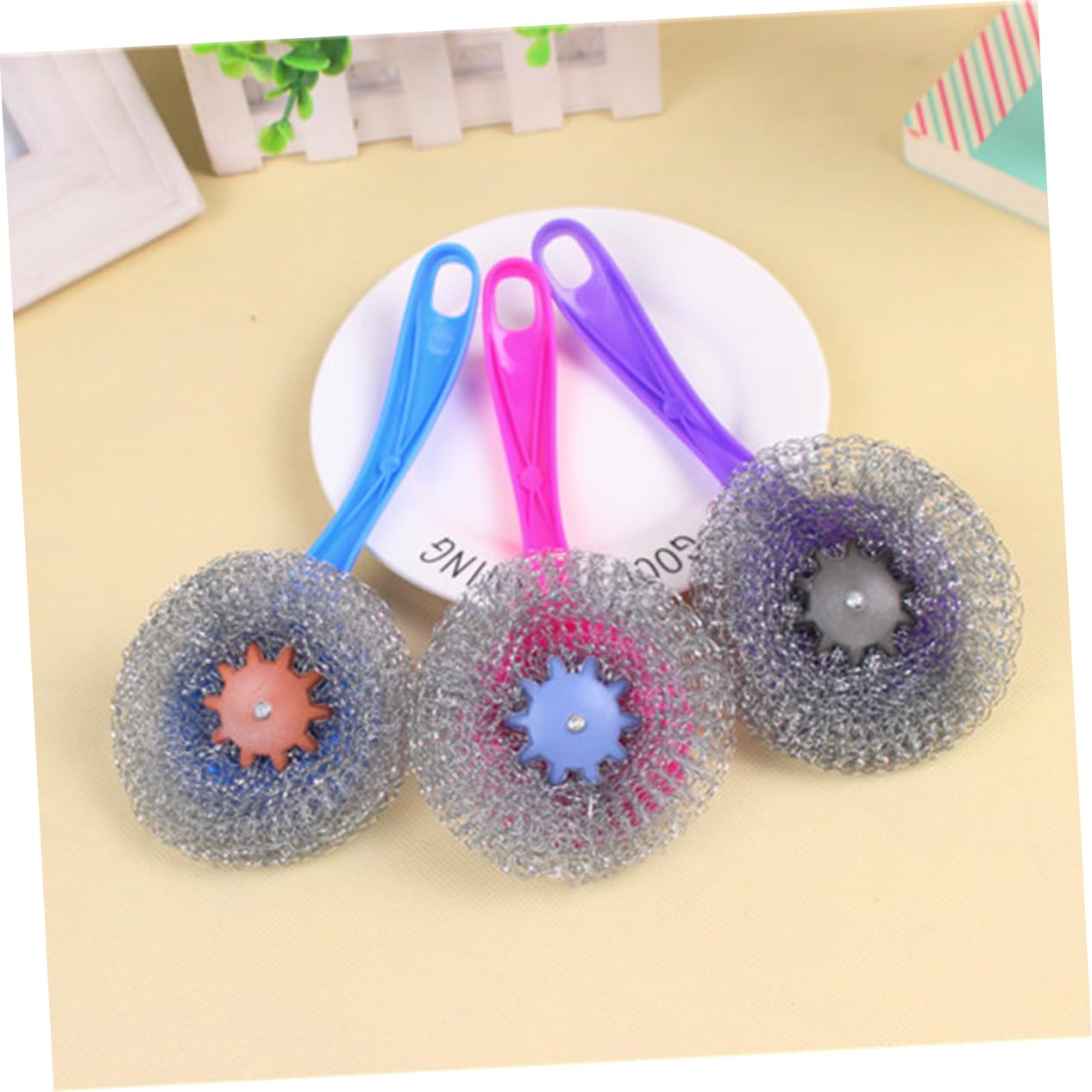 PartyKindom 12Pcs Durable Metal Scouring Pads with Long Handle Sturdy Kitchen Brush for Easy Cleaning of Pots Pans BBQ Grills and More Convenient Hanging Design Random Color