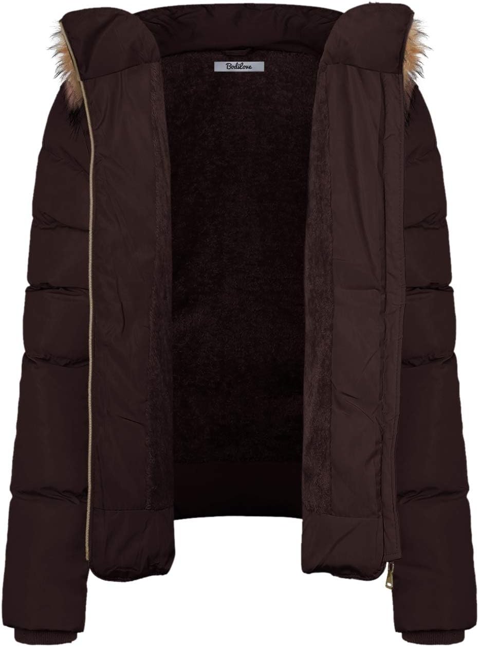 BodiLove Women's Winter Quilted Puffer Short Coat Jacket Plus Size with Removable Faux Fur Hood and Zipper Brown 1X