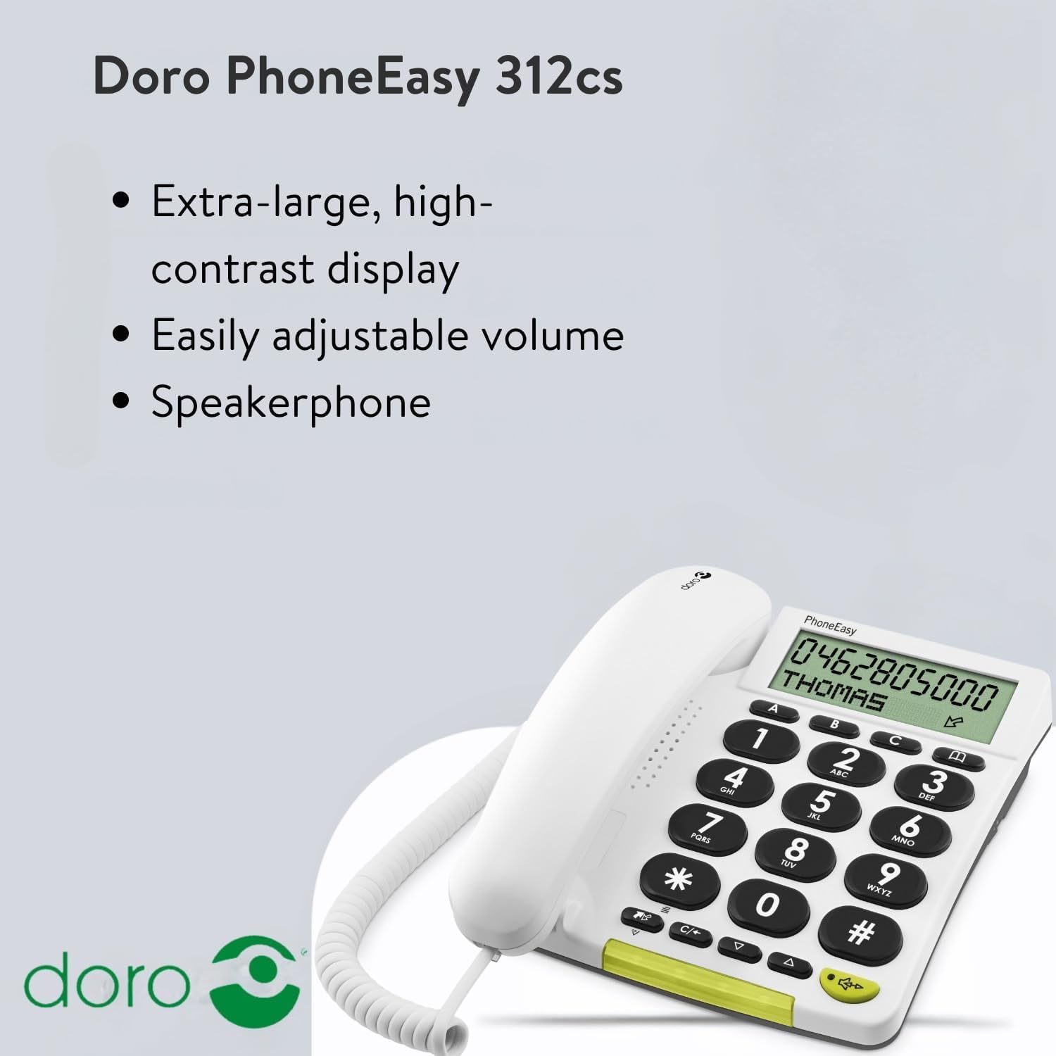 DORO - Doro PhoneEasy 312cs - Schnurgebundenes Festnetztelefon - Große Displayanzeige - Extra große Tasten - Freisprechfunktion - Lautstärkeregler - Anrufanzeige - Schwarz