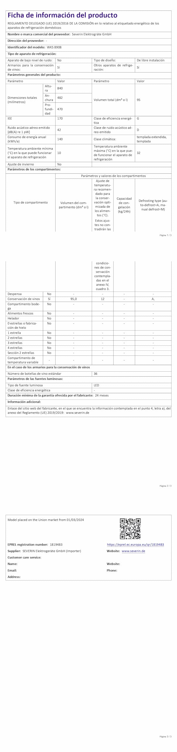 SEVERIN WKS 8908 Vinoteca para 33 Botellas, 95 L, Temperatura: 5° y 18°C, Nivel de Ruido 43 dB(A), Puerta de Cristal y Marco de Plástico y 6 Estantes cromados, 5 de Ellos Regulables en Altura, Negro