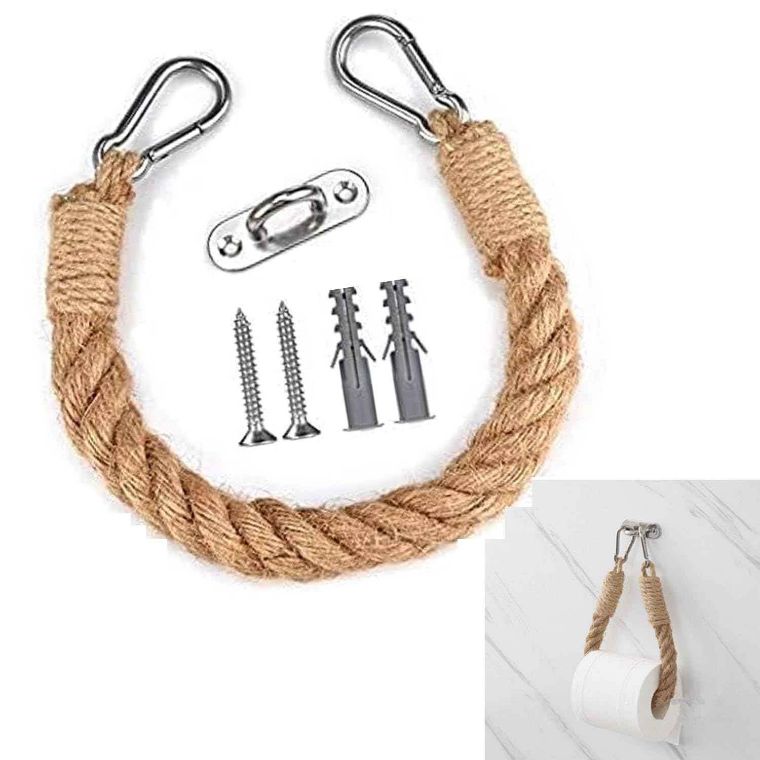 Rope Toilet Roll & Towel Holder - Handmade Jute Decor | Wall Mounted, Rustic Bathroom & Kitchen Accessory with Metal Hook