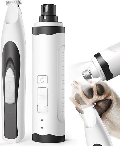 oneisall Cortadora de patas silenciosa 2 en 1 y molinillo de uñas de perro con luces LED, kit de aseo de patas de perro de 35 dB, recargable e