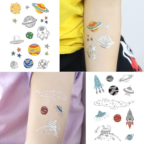 Miniatura 4 de Más de 80 tatuajes temporales metálicos dorados y plateados coloridos de dibujos animados para niñas, niños y niños, recuerdo de fiesta de