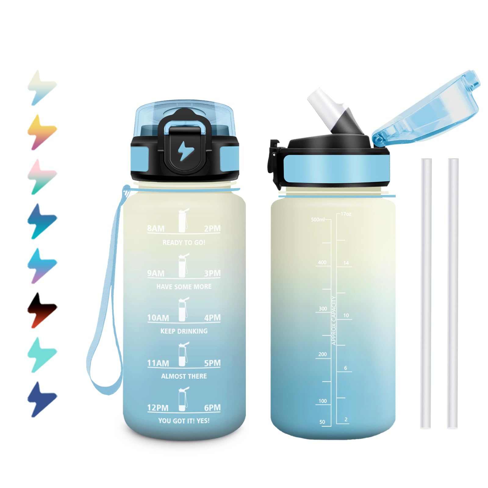 Borraccia 500ml, Borraccia Bambina a Prova di Perdite, Bottiglia con Cannuccia, Riutilizzabile e Facile da Pulire, Bottiglia Acqua con Indicatore del Tempo, per Bambini, Campeggio, Scuola, Ufficio