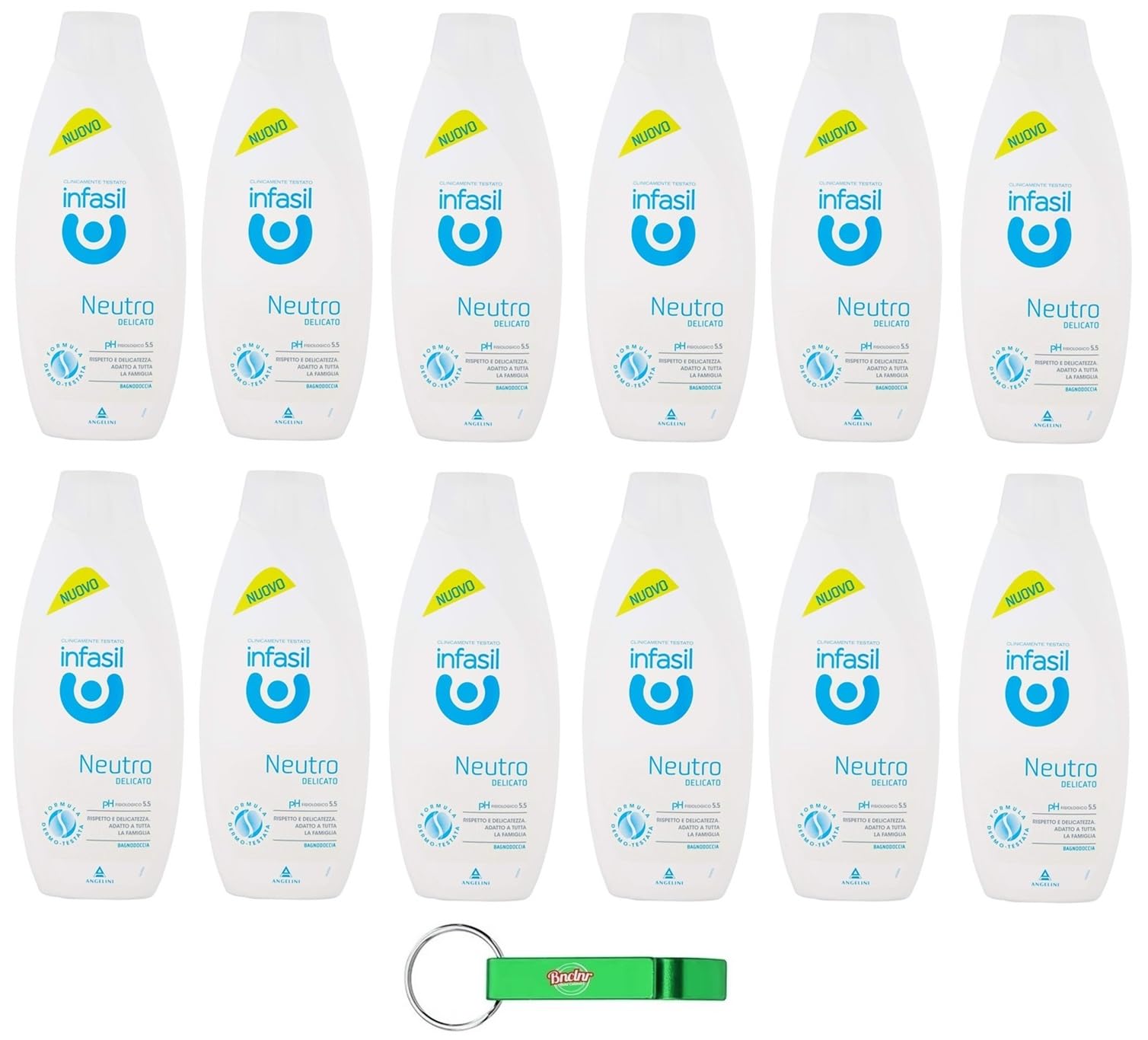 12x Infasil Bagnodoccia Neutro Delicato, Clinicamente Testato e Delicato sulla Pelle, Bagnoschiuma 500ml + Portachiavi Beni Culinari in Omaggio