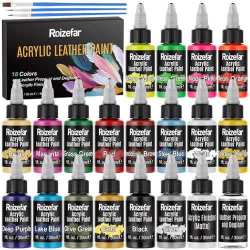 Roizefar Acrylic Leather Paint, Ultimate All-in-One 20 x 30ml Kit with Deglazer & Finisher, 18 Colors Flexible & Waterproof Leather Dye for Shoes, Bags, Jackets, Sneakers, Couches, Car Seats, Sofa