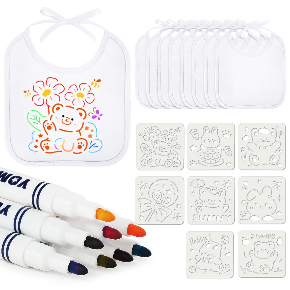 Kit De 8 Bavoirs Triangulaires à Peindre DIY Pour Bébé - Avec Pochoirs Et Stylos Textiles, Côté Imperméable PVC