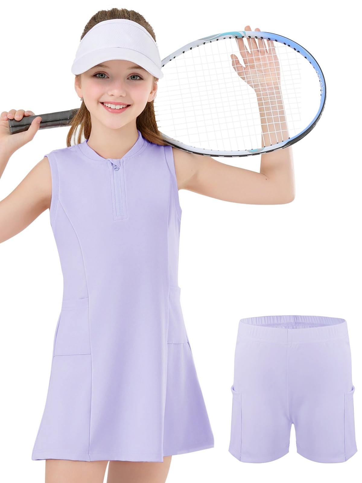 SPFAS Girls Tennis Dress with Shorts Pockets Sleeveless Workout Athletic Dresses A-Line Kids Golf Outfit Quarter Zip