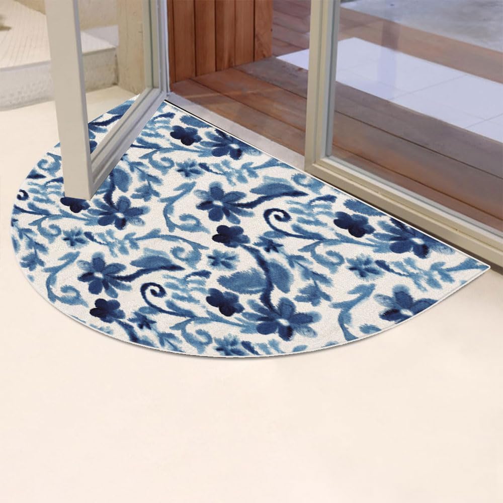 Mrcrypos Half Round Rugs Blue Small Flower Branches Non-Slip Semi Circle Area Rug Blue Flower Semi Circle Rug for Bedroom Bathroom Balcony Laundry Garage Holiday Decorative 24 X 36 Inch