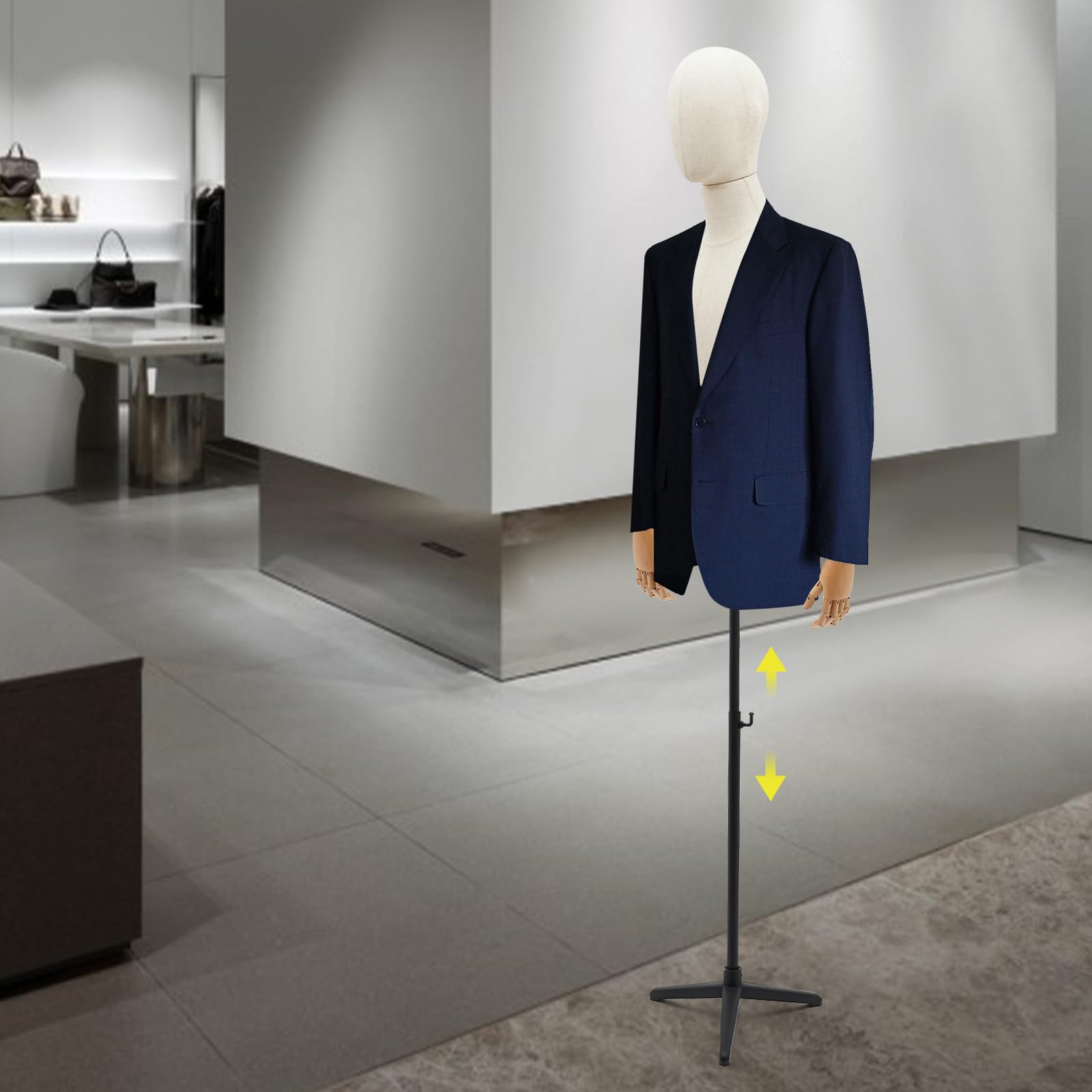 Männliche Schaufensterpuppe Kleiderpuppe mit Stativ, Höhenverstellbar 53-76 Zoll, Leinen Oberfläche Massivholz, Für Bekleidungsgeschäft Boutique Einkaufszentrum, Modedesigner Dekoration