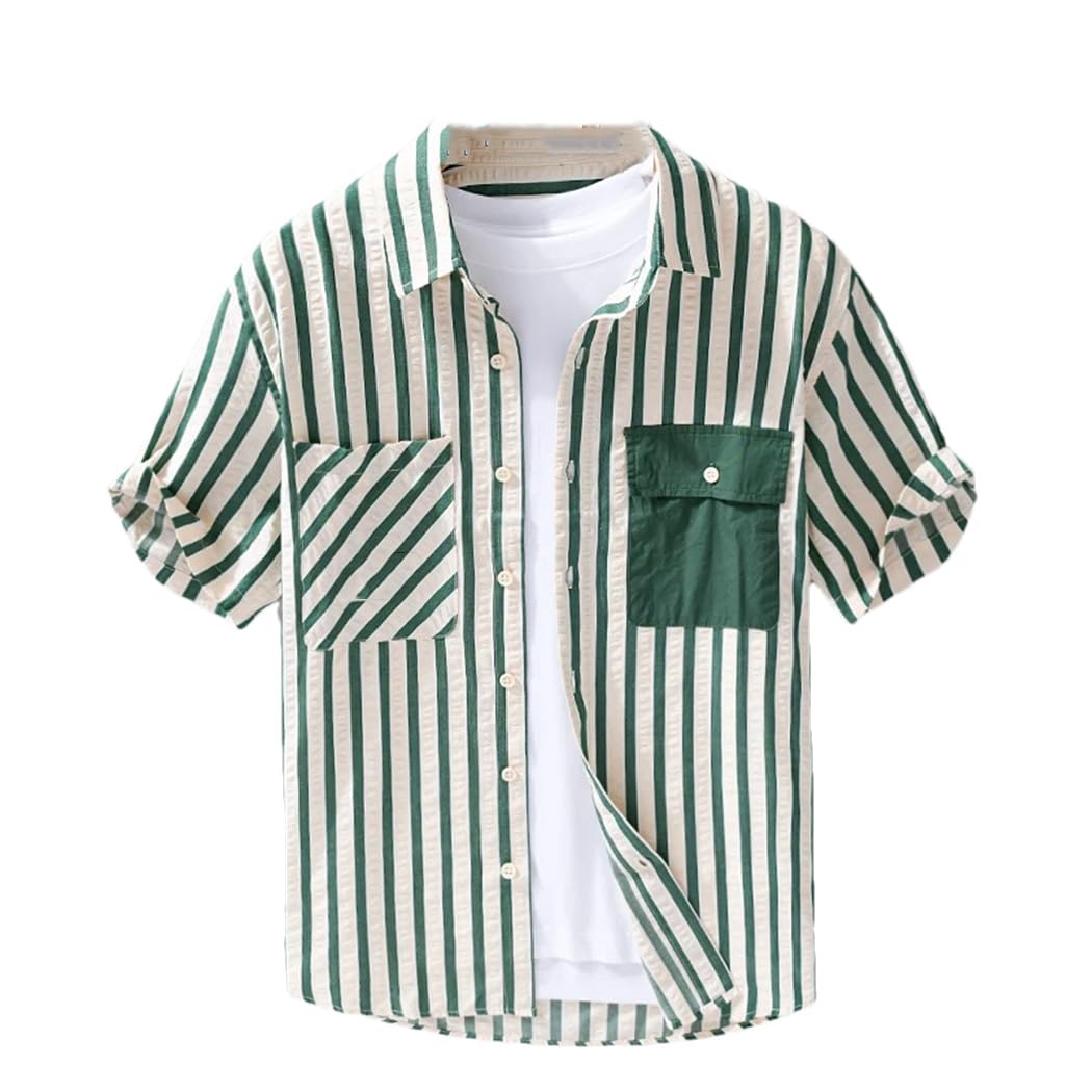 Camisa de verano para hombre, de manga corta, texturizada, a rayas, simple, básica, holgada, informal, para uso diario