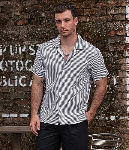 Image of VATPAVE Mens Striped Summer Shirt Casual Button Down Short Sleeve Beach Shirts Cotton Shirts for Men