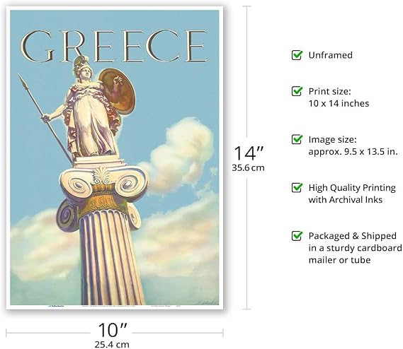 Greece - Athena Goddess of War Statue - Vintage Travel Poster by S. Almaliction c.1955 - Master Art Print (Unframed) 10in x 14in