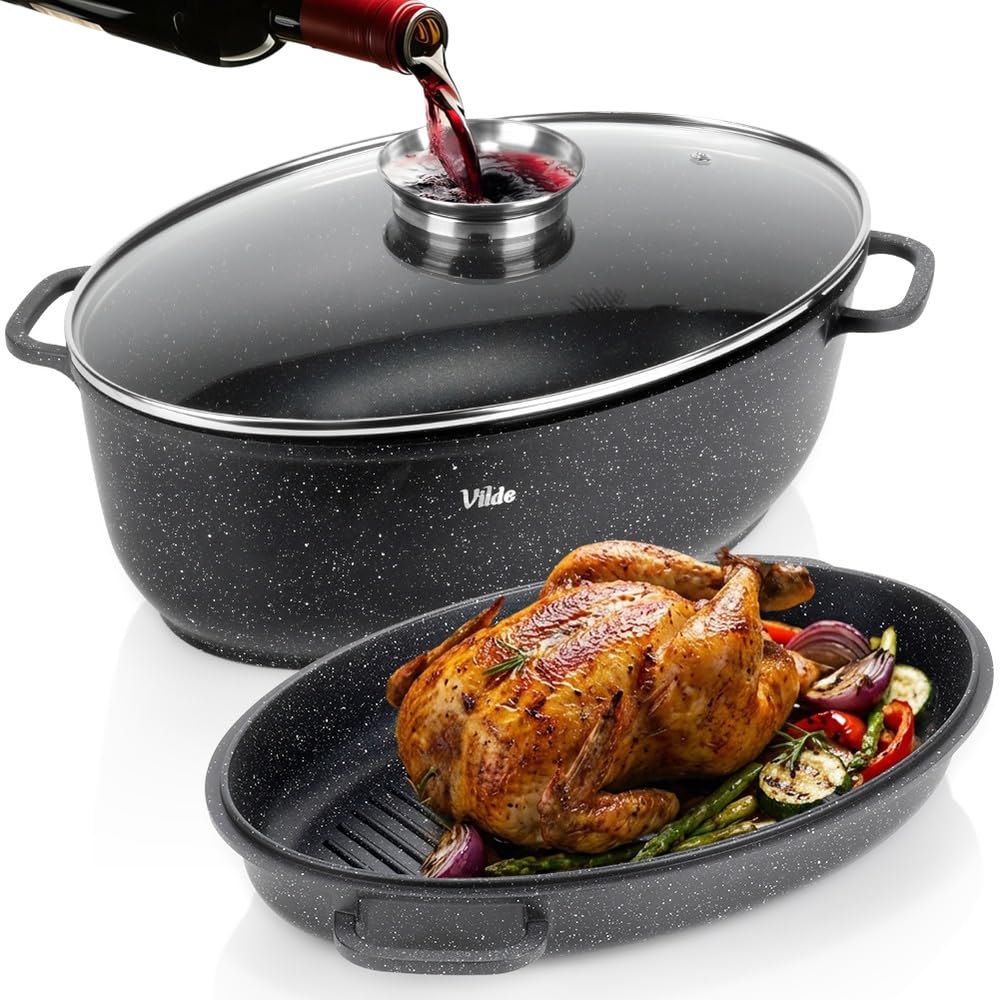 Vilde Granitowa patelnia z pokrywką 39 x 26,5 x 18 cm – brytfanna 8 l + 3,2 l – piekarnik 2 w 1 z grillem – powłoka granitowa, do kuchenek indukcyjnych, gazowych, elektrycznych