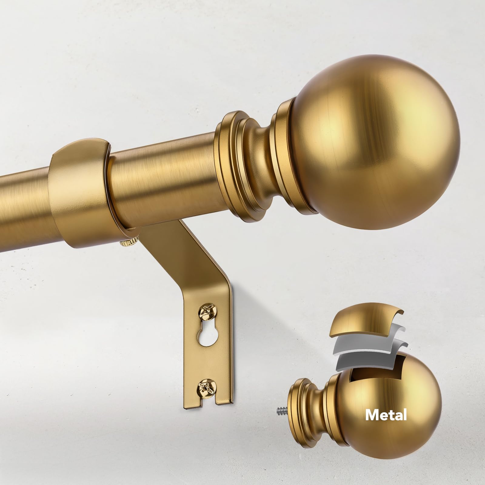 IFELS Heavy Duty Curtain Rods for Windows 32 to 60 Inch, 1 Inch Brush Gold Curtain Rods Adjustable and Easy Installation, Decorative Long Curtains Rod