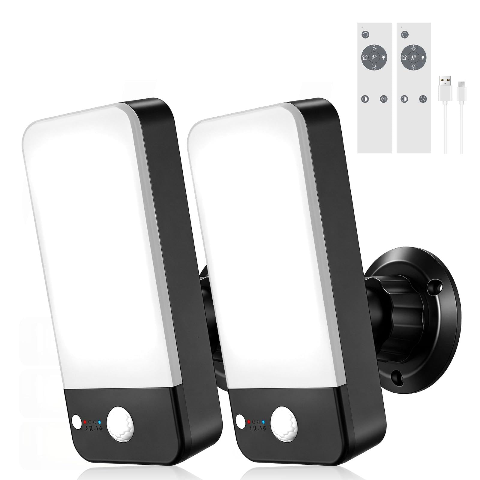 Aplique Exterior Sensor Movimiento, 12000mAh Inalámbrico, 2 Unidad | 422lm Regulable, 3000K-6000K, Mando a Distancia, Luz Roja de Alerta, Rotación 360°, Para Garaje y Jardín
