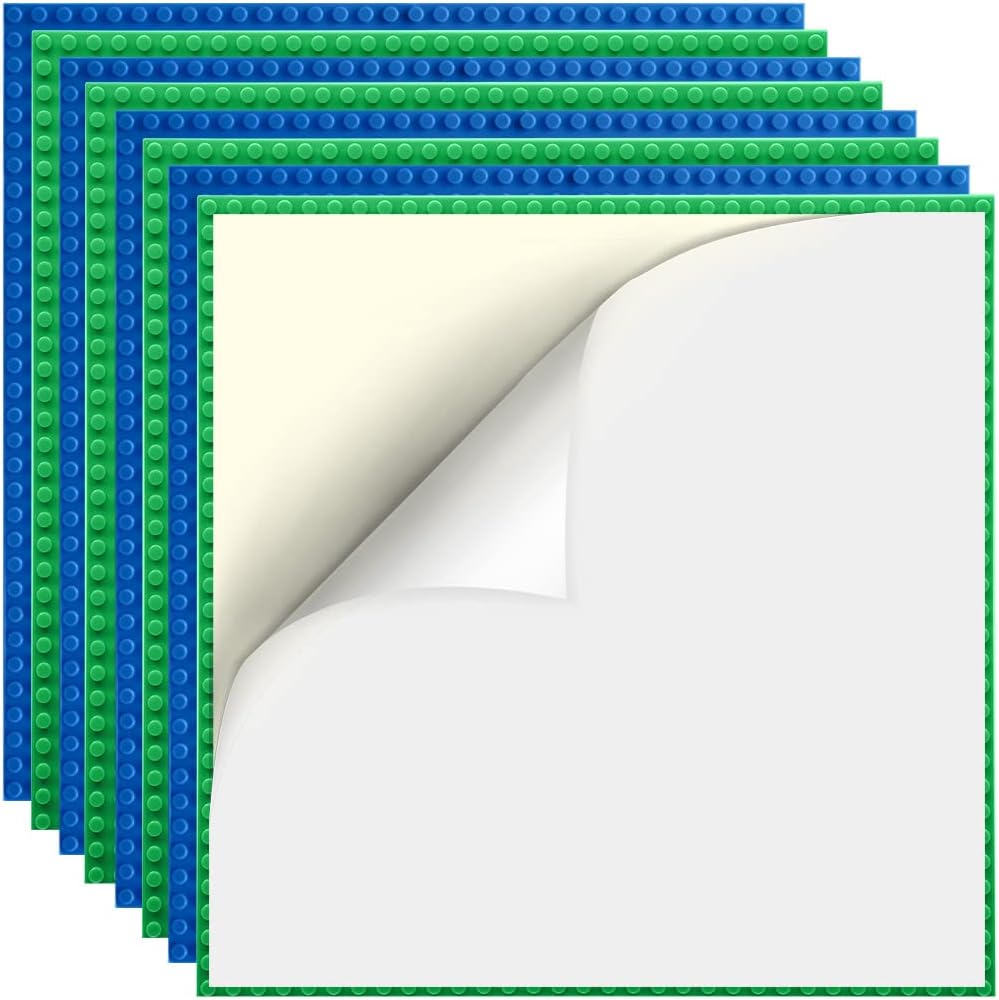 8 Pack Peel-and-Stick Building Baseplates, 10”x10” Classic Building Boards - 100% Compatible with All Major Brands of Toy Building Sets, Sturdy Stacking Play Table Top, Blue/Green