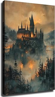Magic Castle Wall Art Print, Wizard School Painting Poster, Dark Academia Fantasy Wall Art For Living Room Bedroom Ready To Hang (Framed,24×36 inch)