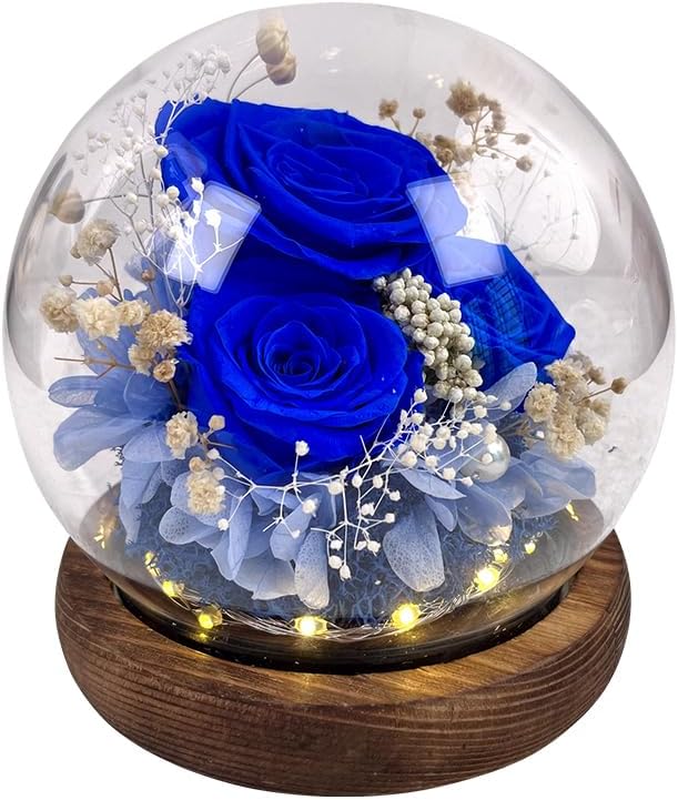 Preserved Royal Blue Rose Arrangement in Glass Dome, LED Light Base, 3 Roses with Blue Hydrangea, 4.7 inch Diameter - Image 9